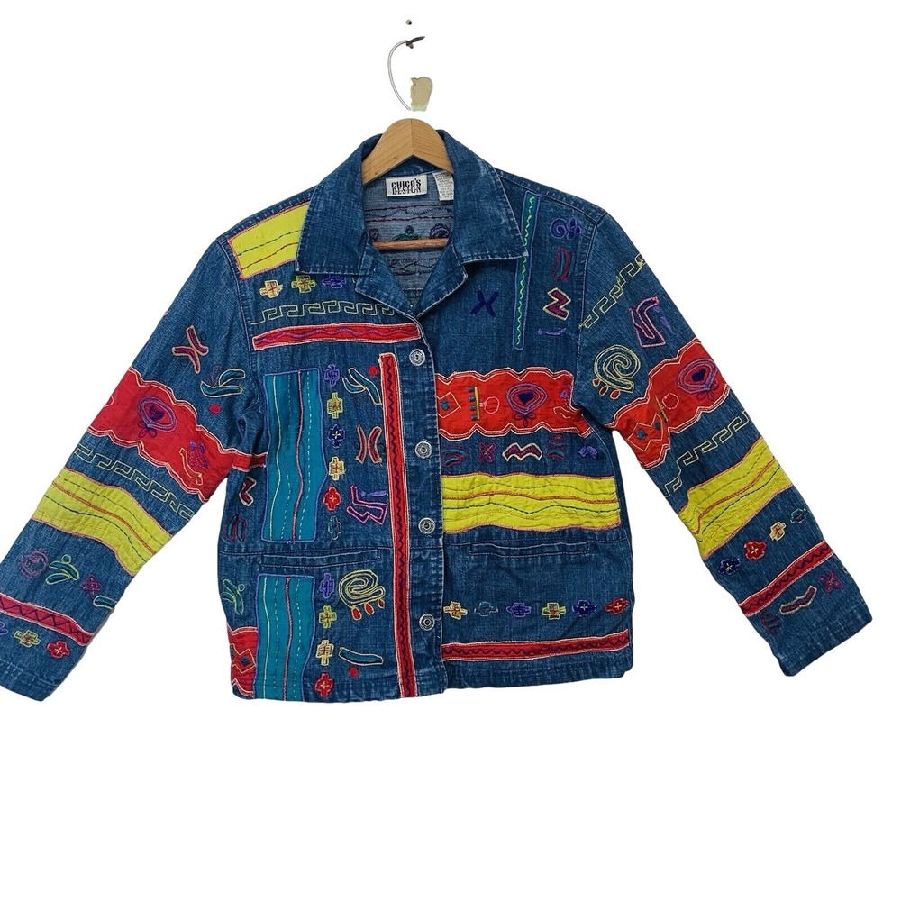 Chicos 0 Patchwork Embroidery Denim Jacket Small Pockets Western Boho Cotton